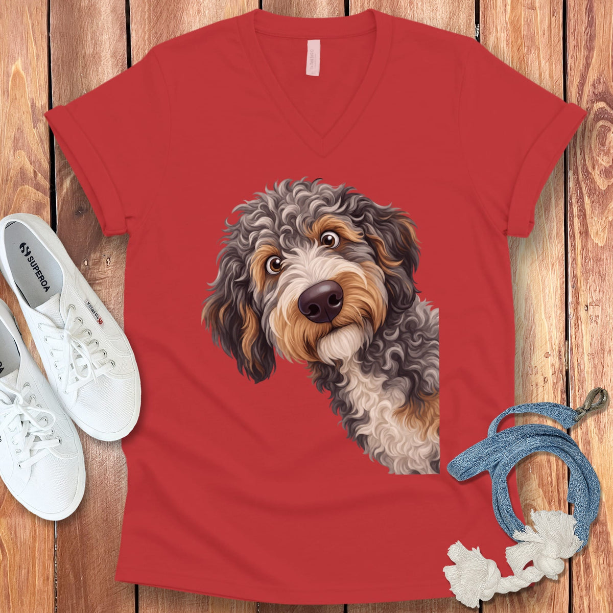 Funny Peeking Aussiedoodle V-Neck T-Shirt in Red / S by Puppy Jo