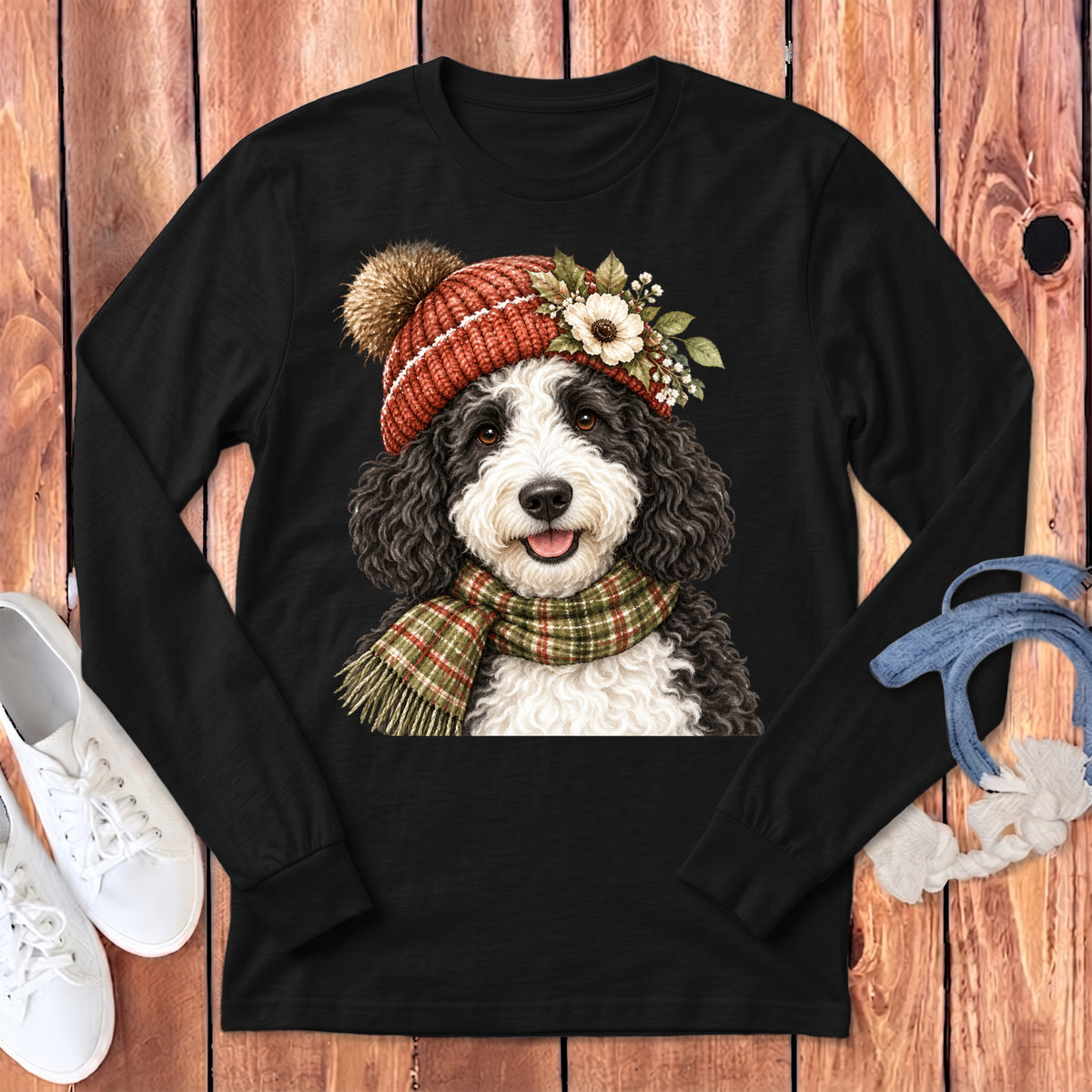 Bernedoodle dog wearing a red knit hat, floral accents, and a plaid scarf.