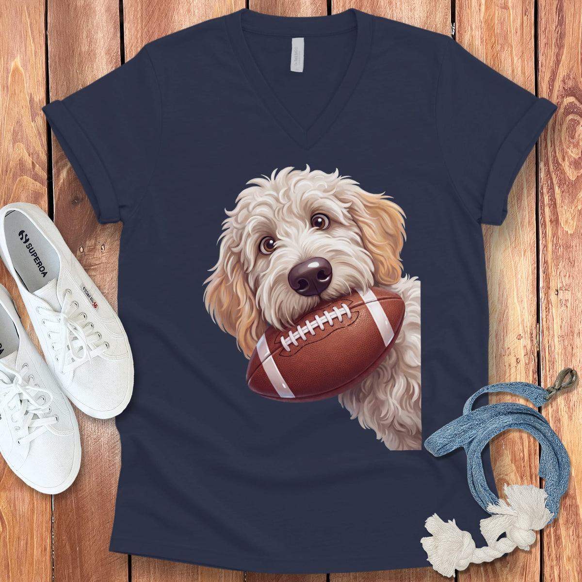 Maltipoo Football V-Neck T-Shirt in Navy / S by Puppy Jo