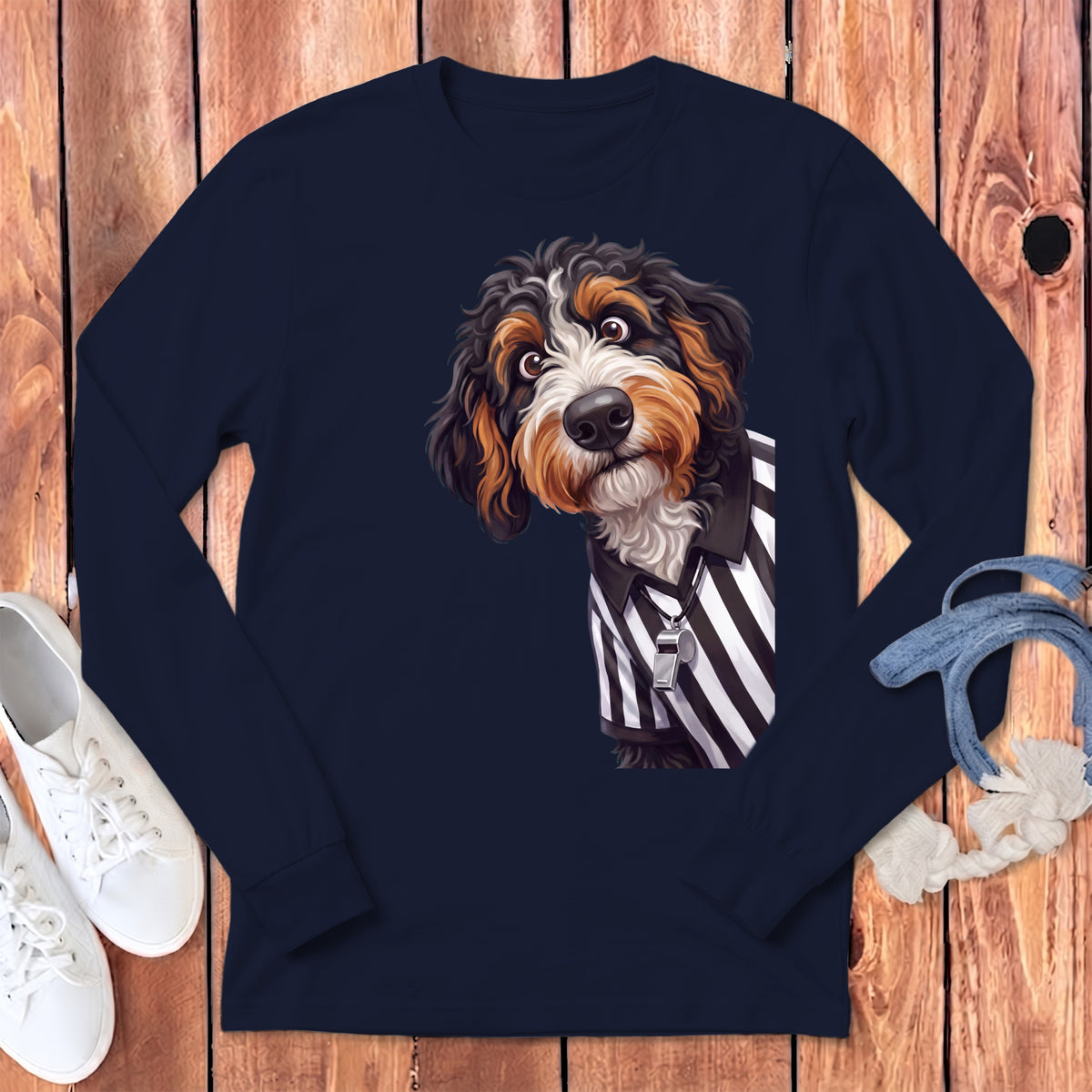 Bernedoodle dog wearing a referee shirt with whistle on a navy blue long sleeve shirt.