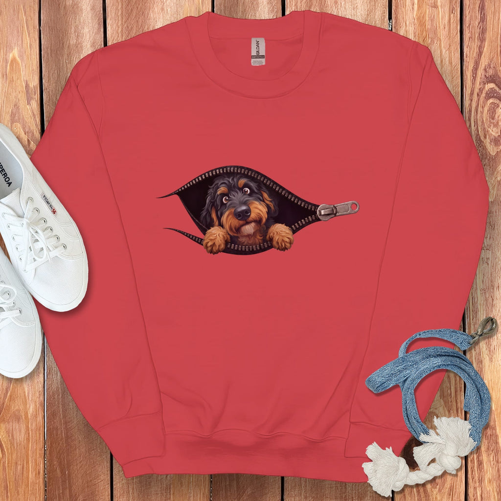 Phantom Goldendoodle Peeking Zipper Sweatshirt in Red / S by Puppy Jo