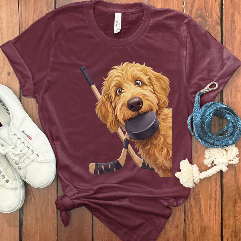Golden Goldendoodle Hockey T-Shirt in Maroon / S by Puppy Jo