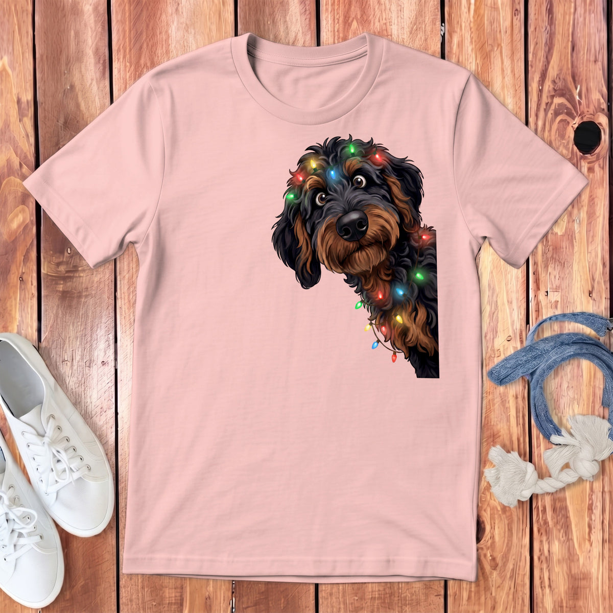 Pink t-shirt with a doodle dog wearing colorful Christmas lights.