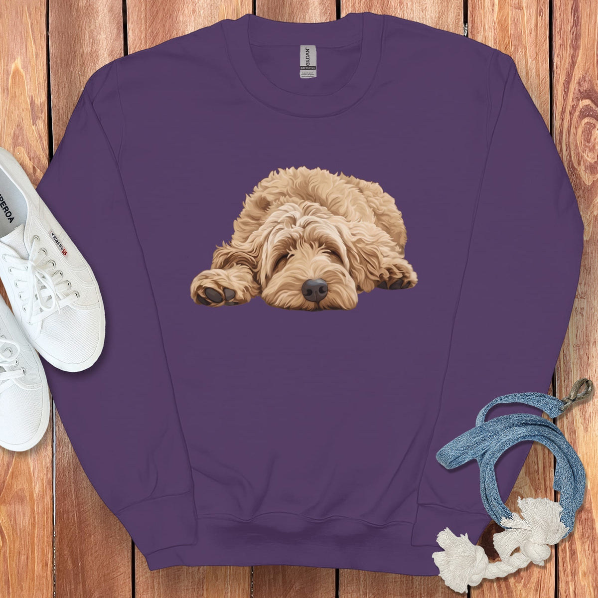 Golden Goldendoodle Snoozing Sweatshirt in Purple / S by Puppy Jo