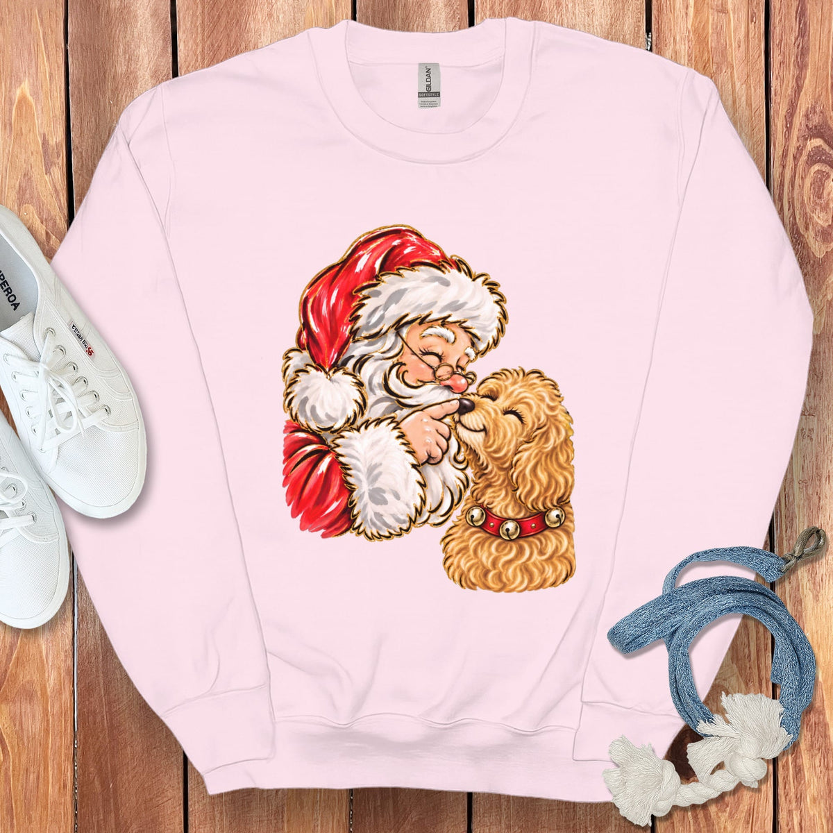 Golden Goldendoodle Santa Kiss Sweatshirt in Light Pink / S by Puppy Jo