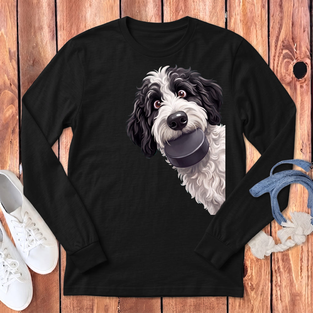 Sheepadoodle Hockey Puck Long Sleeve T-Shirt in Dark Grey Heather / S by Puppy Jo