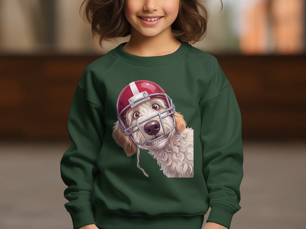 Green sweatshirt with a cartoon dog wearing a football helmet graphic.