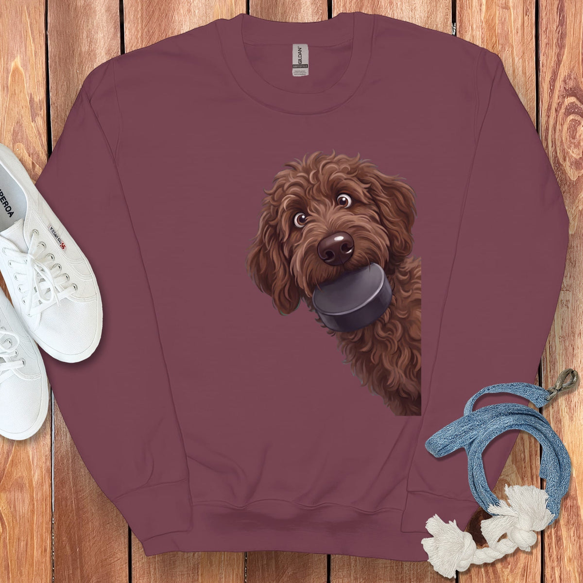 Chocolate Goldendoodle Hockey Puck Sweatshirt in Maroon / S by Puppy Jo