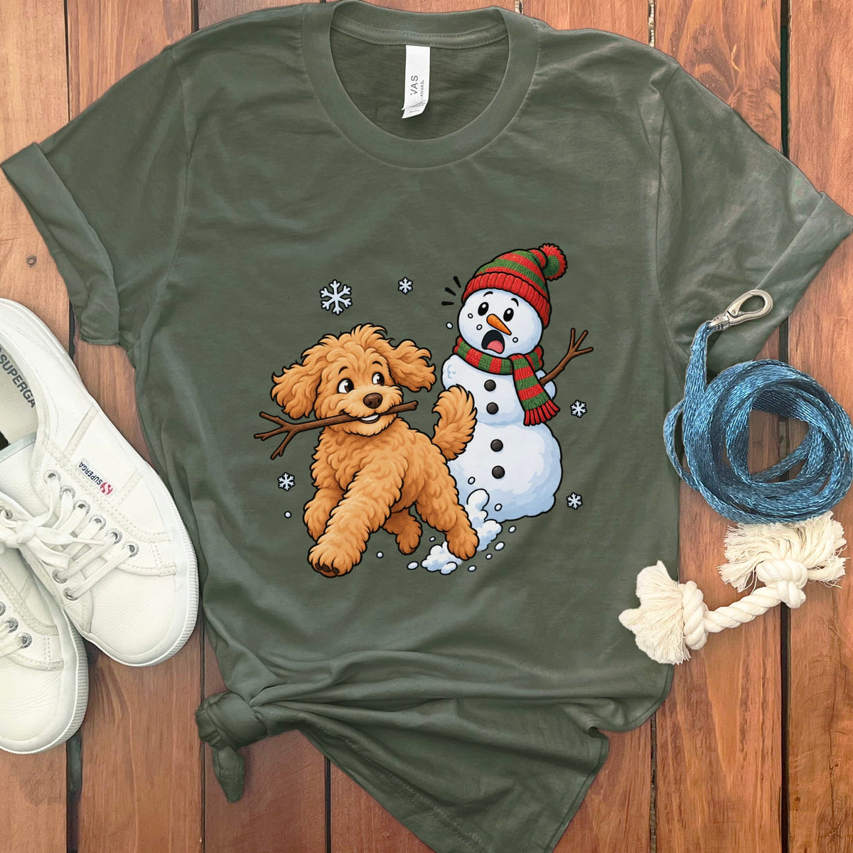 Golden Goldendoodle Snowman T-Shirt in Military Green / S by Puppy Jo