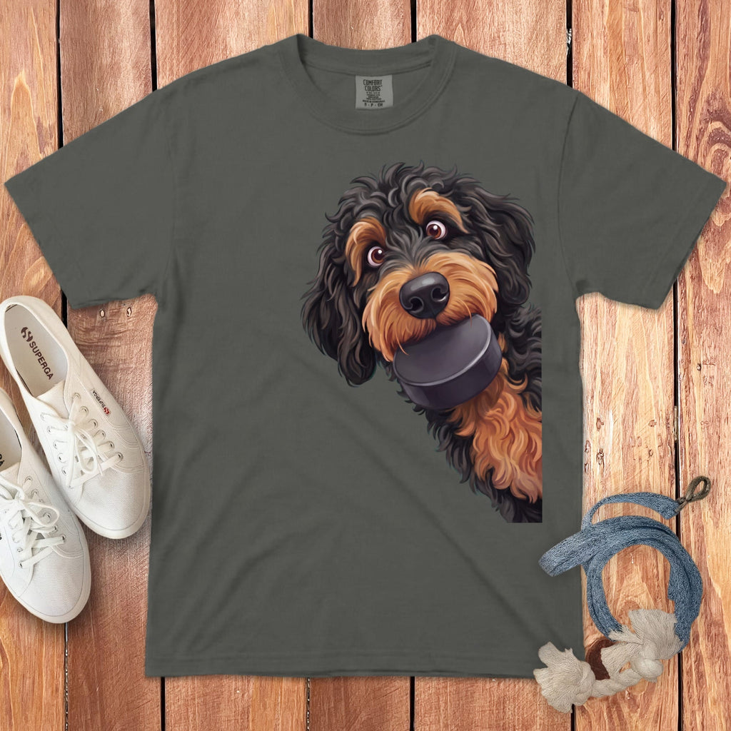 Phantom Goldendoodle Hockey Puck Signature T-Shirt in Pepper / S by Puppy Jo