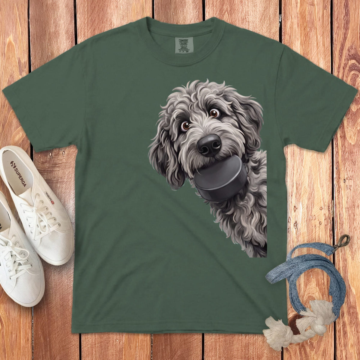 Merle Goldendoodle Hockey Puck Signature T-Shirt in Blue Spruce / S by Puppy Jo