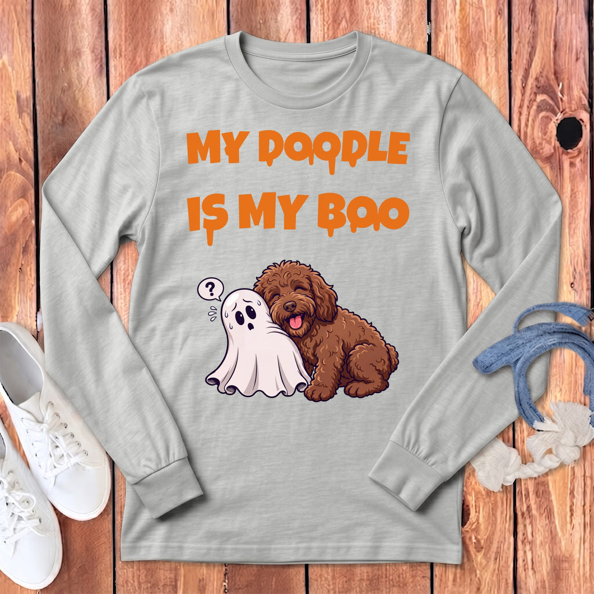 Chocolate Goldendoodle My Boo Long Sleeve T-Shirt in Athletic Heather / S by Puppy Jo