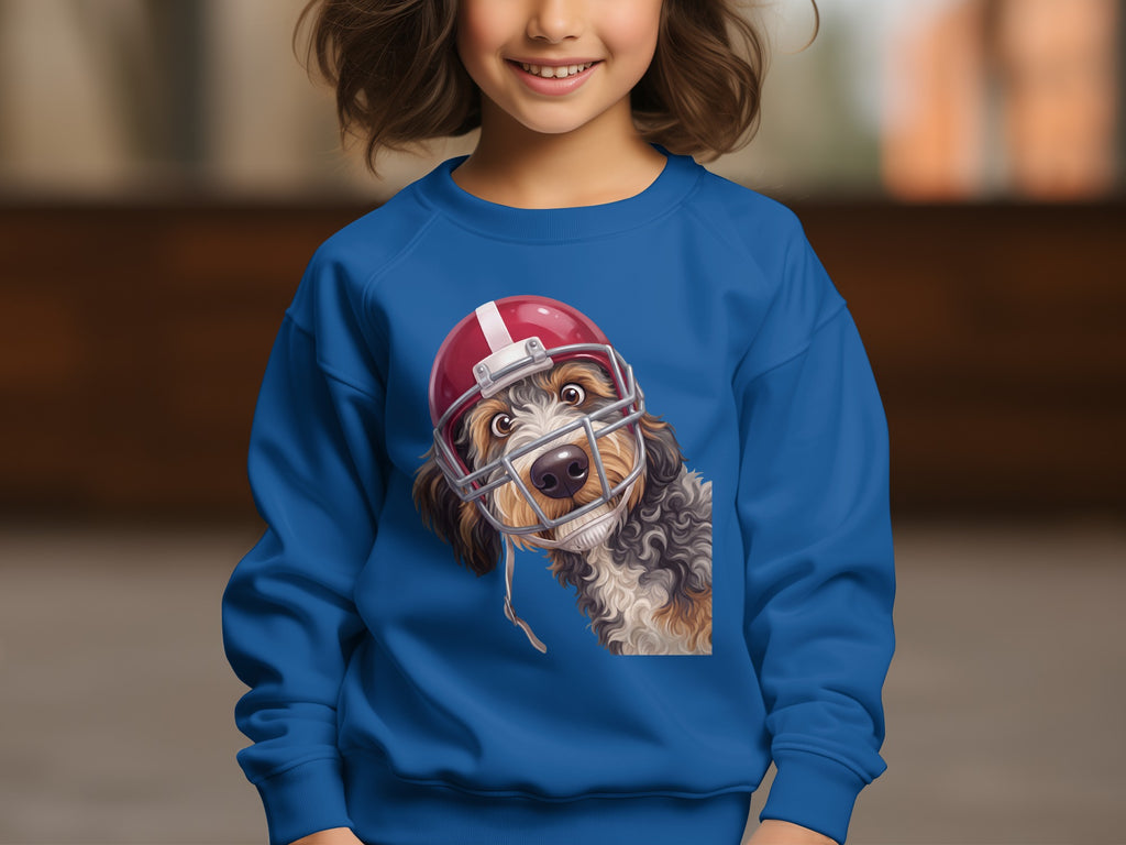 Blue sweatshirt with illustration of a dog wearing a football helmet.