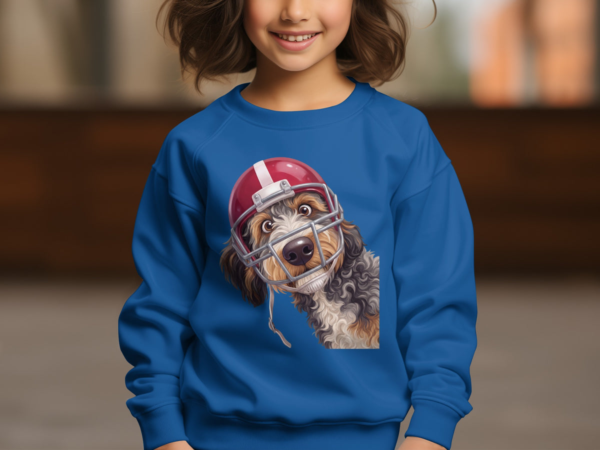 Blue sweatshirt with illustration of a dog wearing a football helmet.