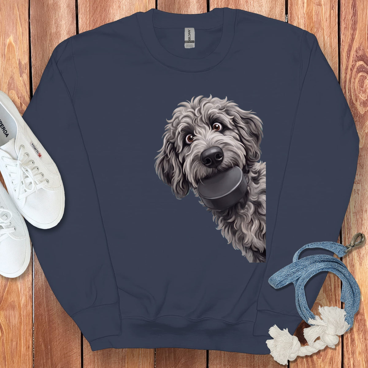 Merle Goldendoodle Hockey Puck Sweatshirt in Navy / S by Puppy Jo