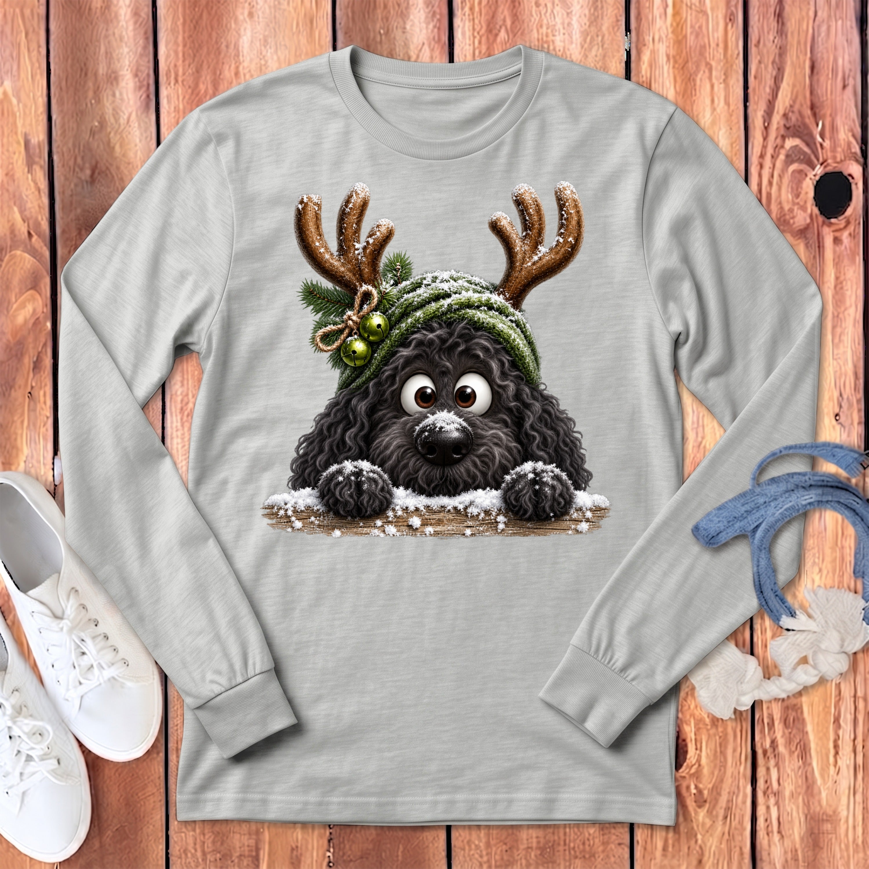 Gray long-sleeve shirt with a cartoon dog wearing antlers and a hat.