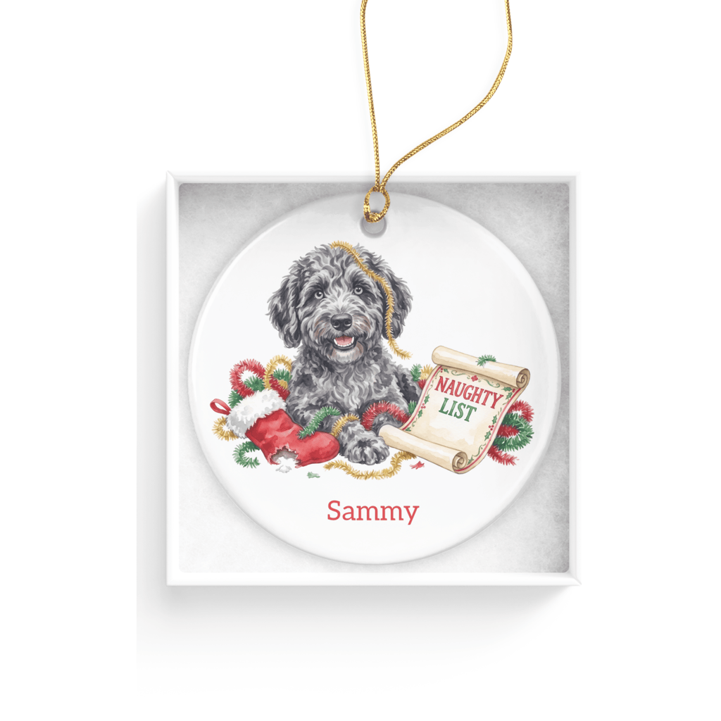 Naughty List Merle Goldendoodle Ornament in by AnywherePOD