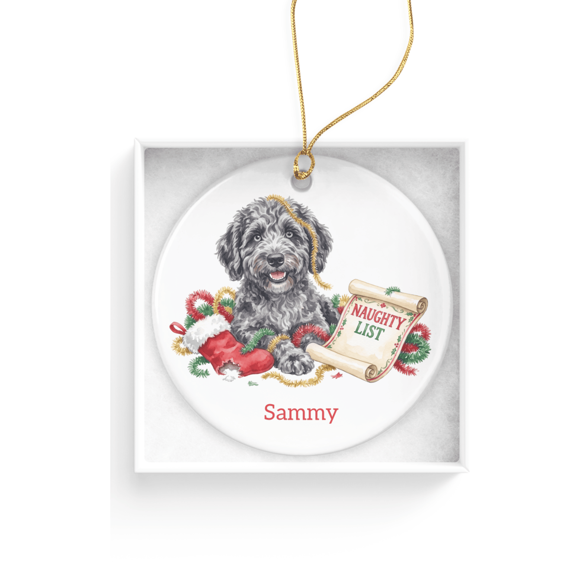 Naughty List Merle Goldendoodle Ornament in by AnywherePOD
