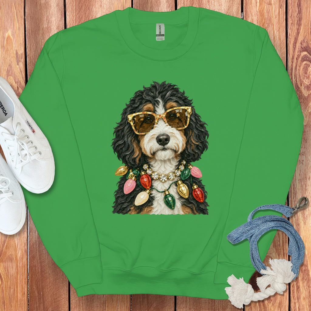 Bernese Mountain Dog with sunglasses and Christmas lights around neck on green sweatshirt.