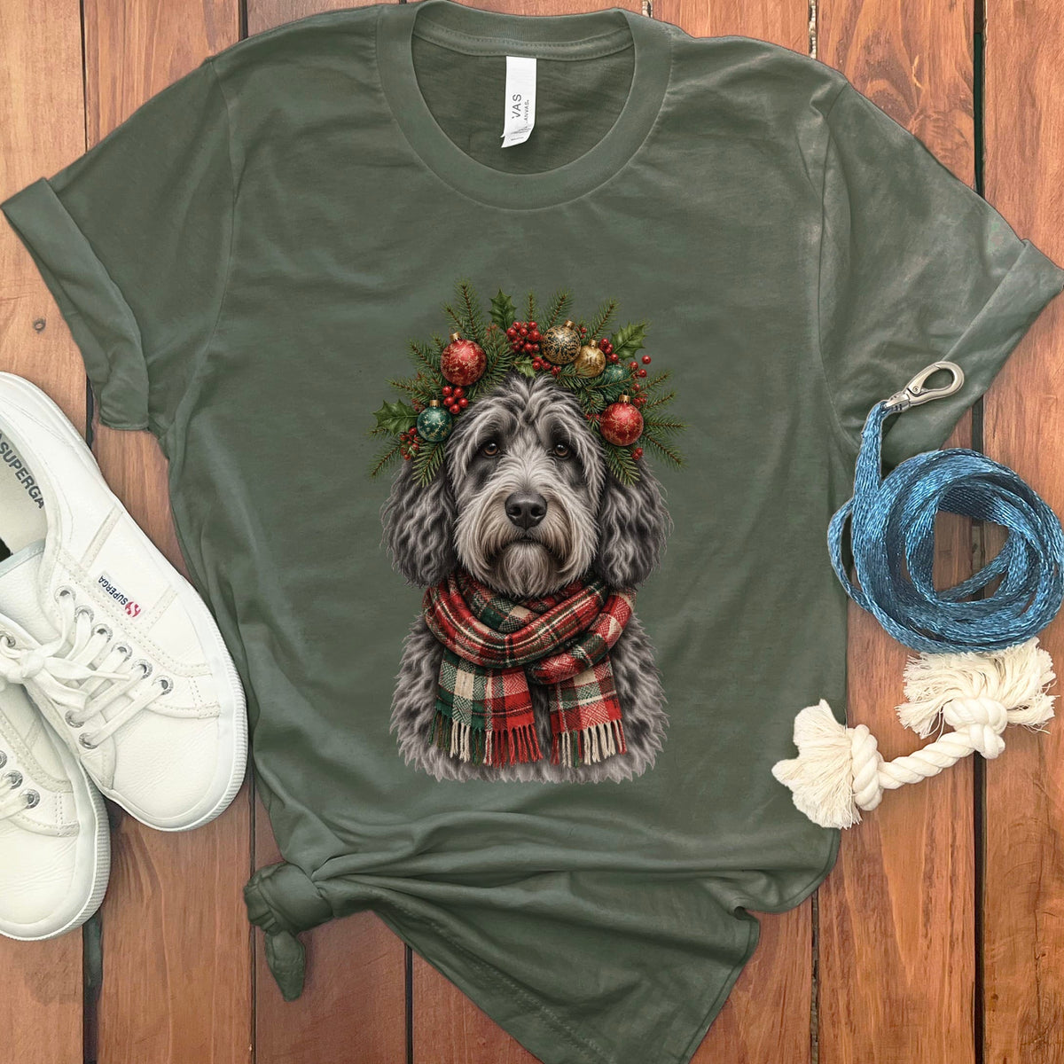 Merle Goldendoodle Holiday Crown T-Shirt in Military Green / S by Puppy Jo