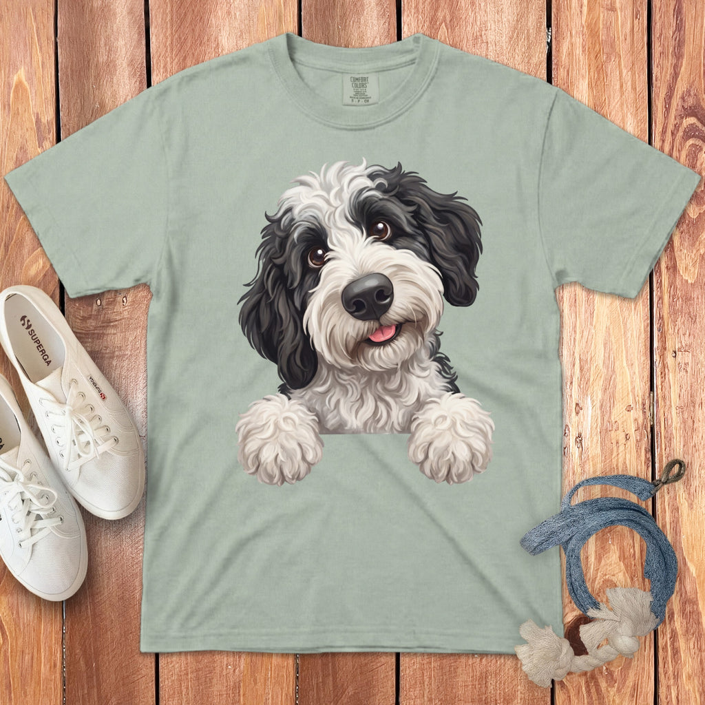 T-shirt with a black and white doodle dog illustration and Superga shoes.