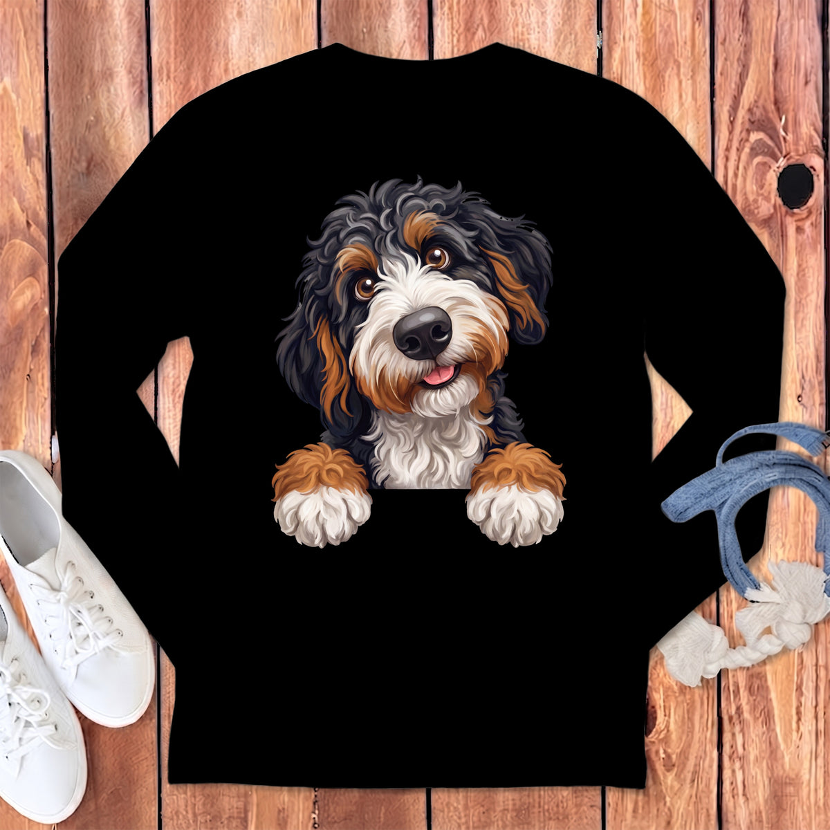 Black long sleeve shirt with a painted Bernese Mountain Dog puppy design.