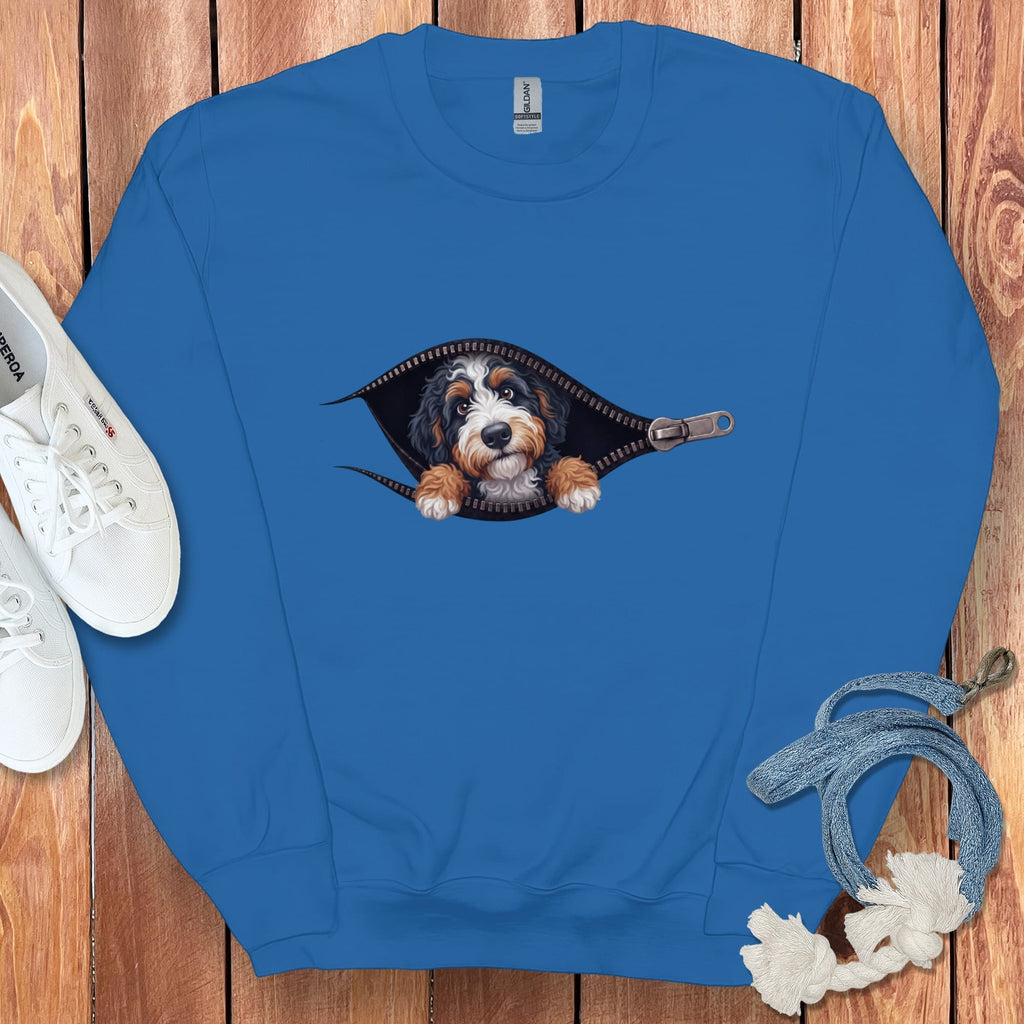 Bernedoodle Peeking Zipper Sweatshirt in Royal / S by Puppy Jo
