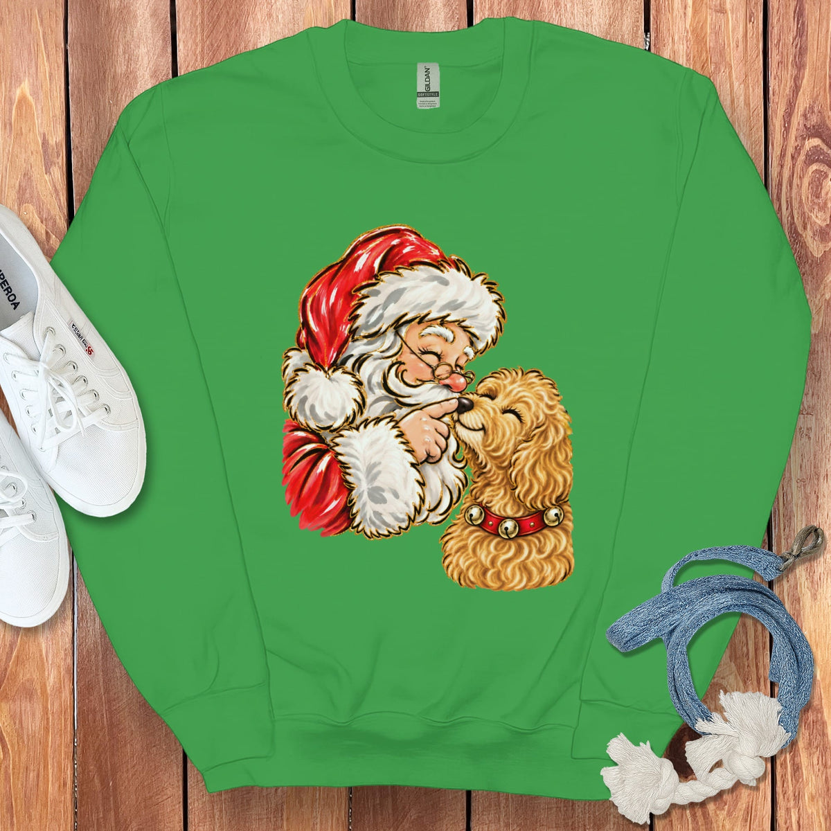 Golden Goldendoodle Santa Kiss Sweatshirt in Irish Green / S by Puppy Jo