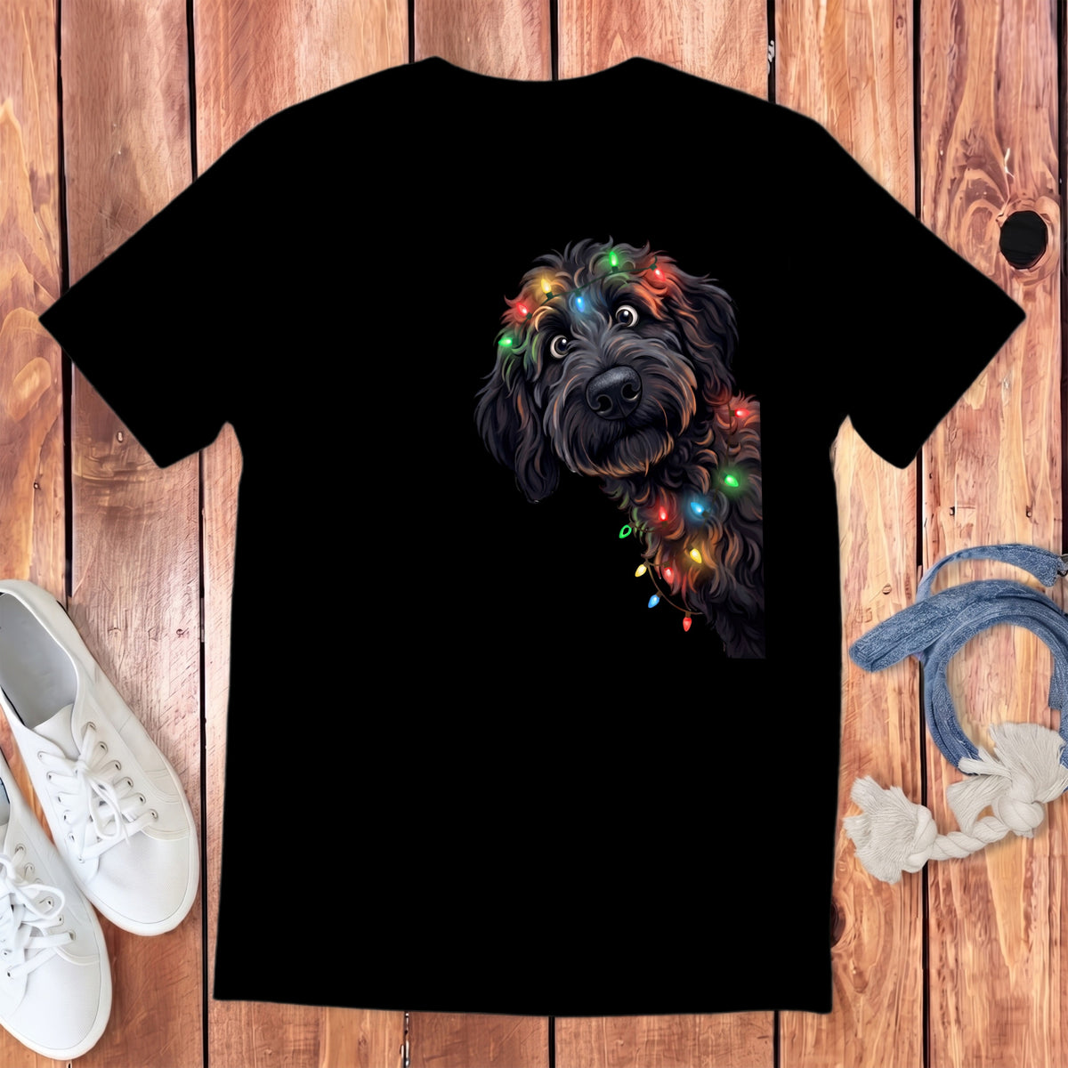 Black t-shirt with a black doodle dog wearing colorful Christmas lights.