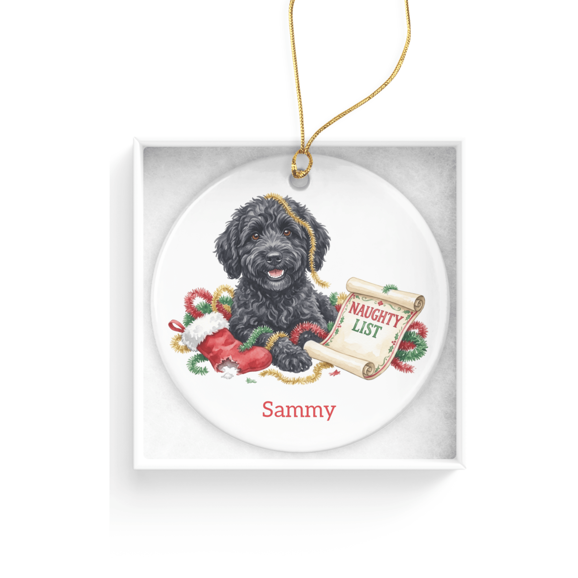 Naughty List Black Goldendoodle Ornament in by AnywherePOD