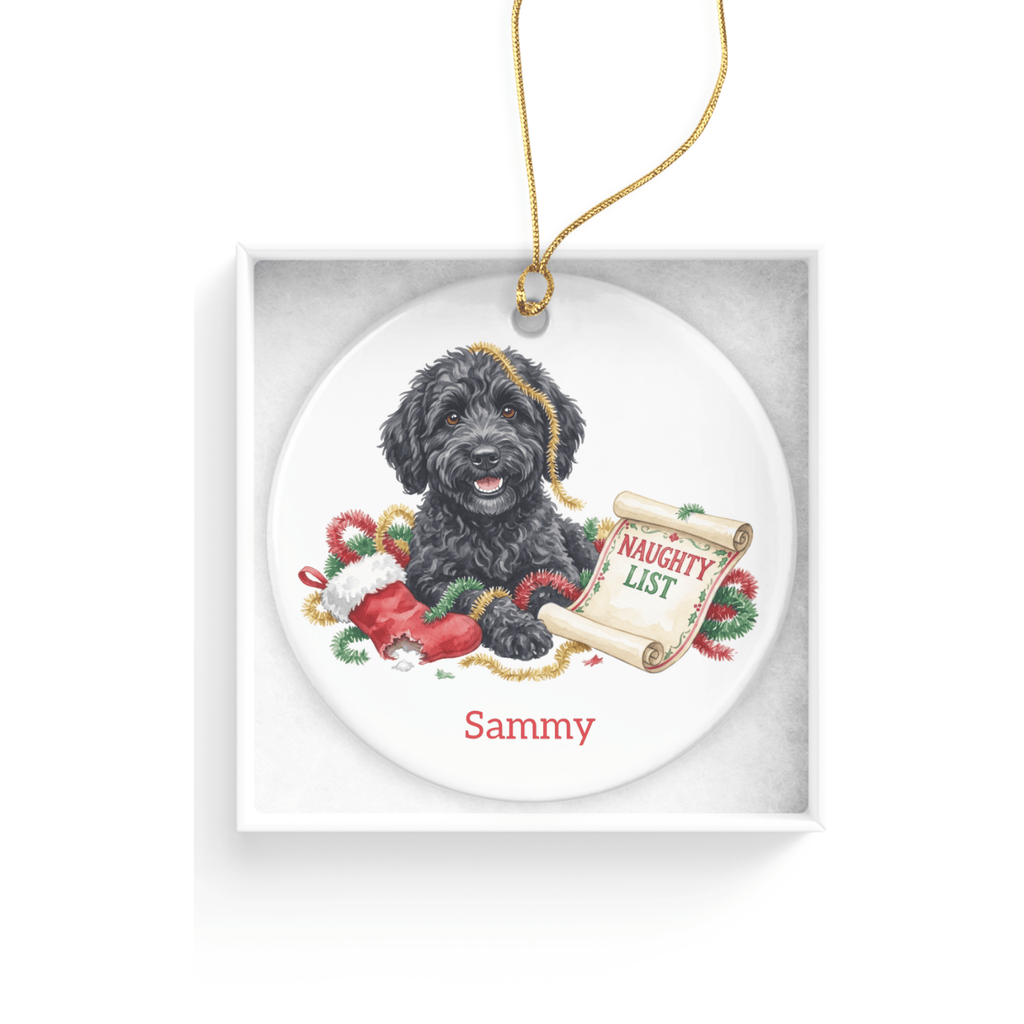 Naughty List Black Goldendoodle Ornament in by AnywherePOD
