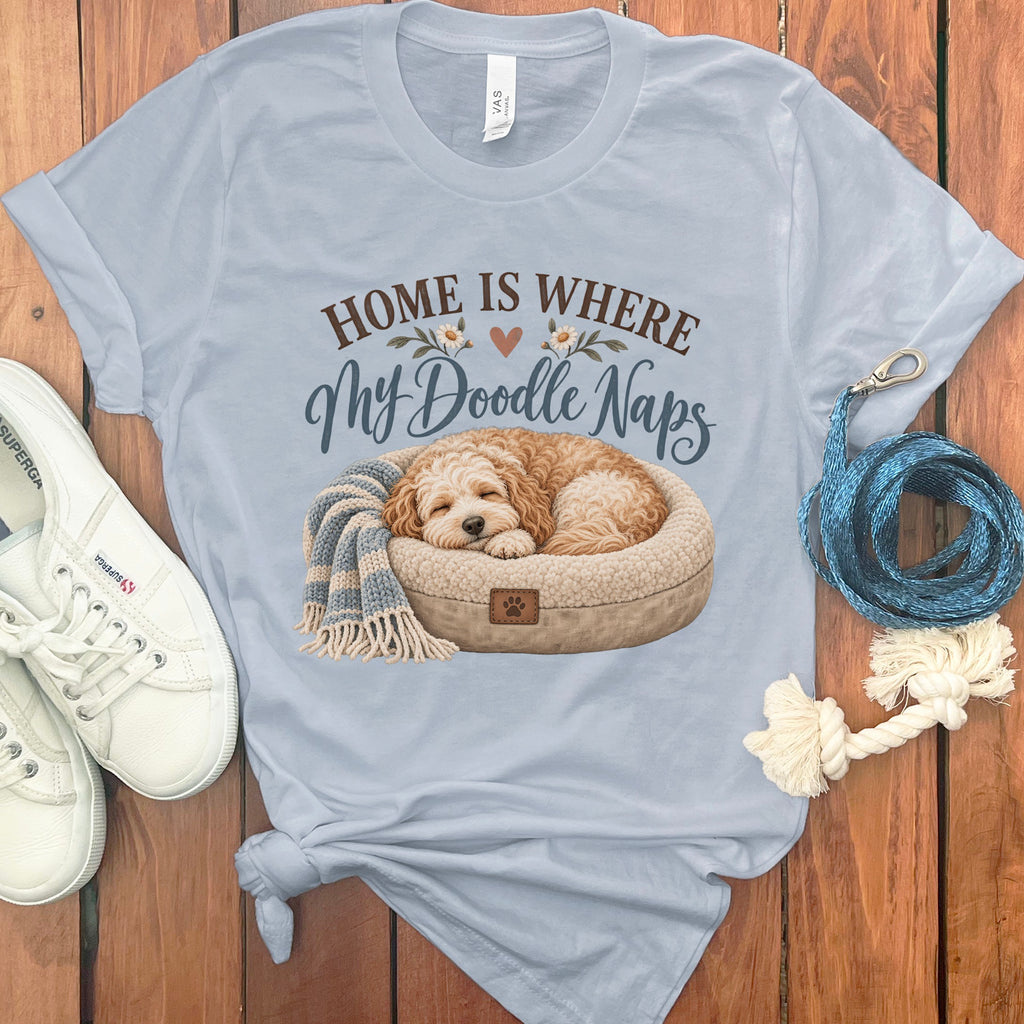 Light blue t-shirt with "HOME IS WHERE My Doodle Naps" graphic featuring a sleeping doodle.