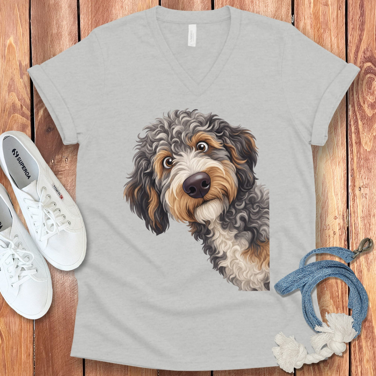 Funny Peeking Aussiedoodle V-Neck T-Shirt in Athletic Heather / S by Puppy Jo