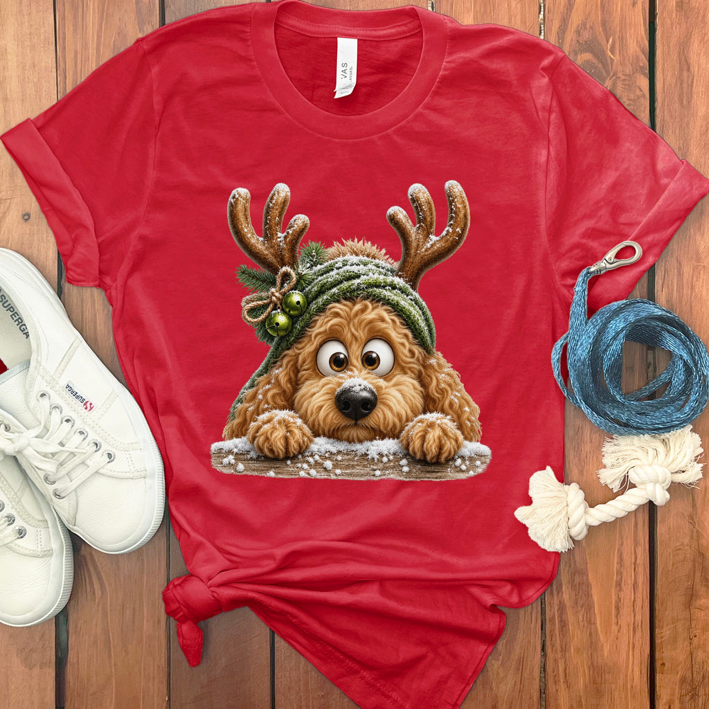 Red t-shirt with a cartoon dog wearing antlers and a green hat.