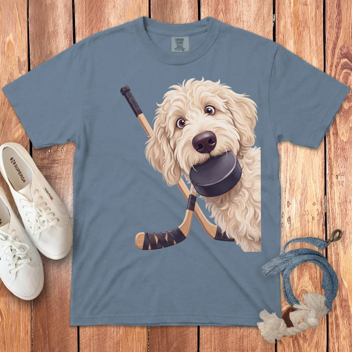 Cream Goldendoodle Hockey Signature T-Shirt in Blue Jean / S by Puppy Jo