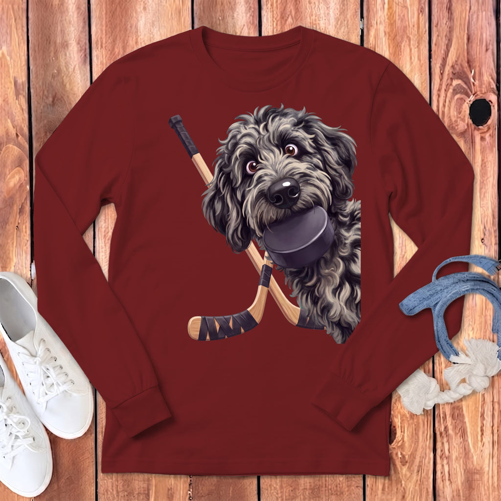 Merle Goldendoodle Hockey Long Sleeve T-Shirt in Cardinal / S by Puppy Jo