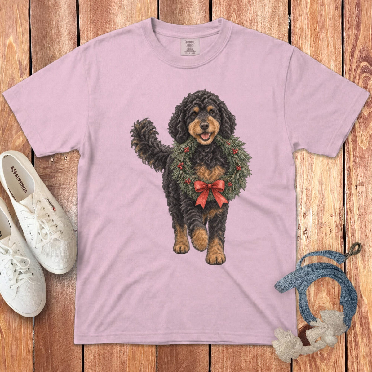Phantom Goldendoodle Wreath Signature T-Shirt in Blossom / S by Puppy Jo
