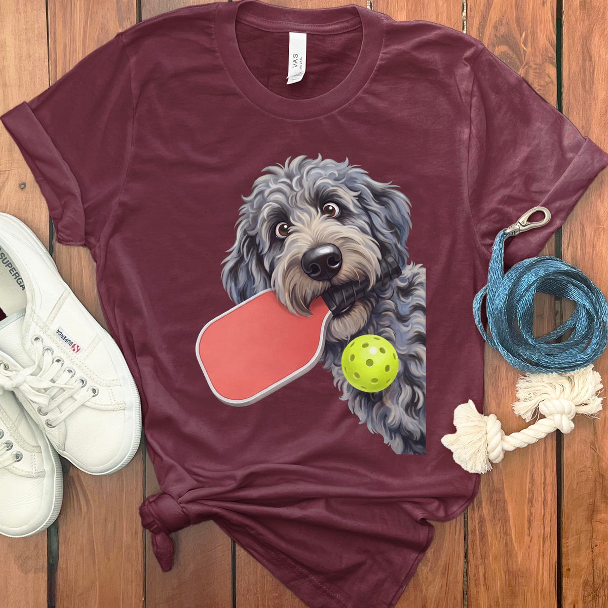 Merle Goldendoodle Pickleball T-Shirt in Maroon / S by Puppy Jo
