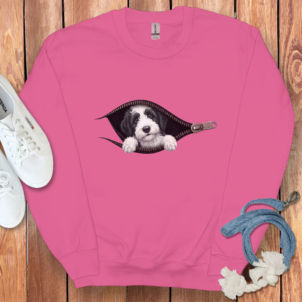 Sheepadoodle Peeking Zipper Sweatshirt in Heliconia / S by Puppy Jo