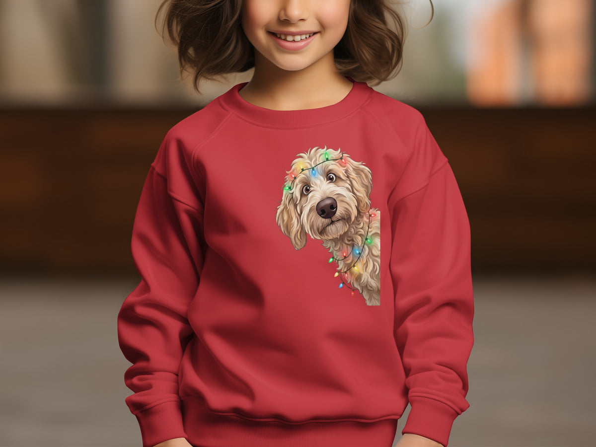 Child in red sweatshirt with a doodle dog wearing colorful Christmas lights design.