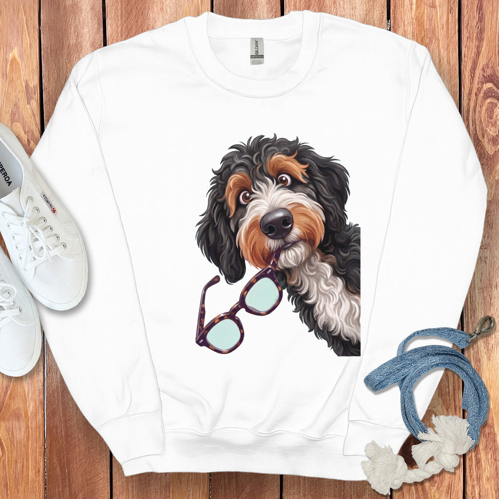 White crewneck sweatshirt featuring a graphic of a black, white, and brown dog holding glasses in its mouth.