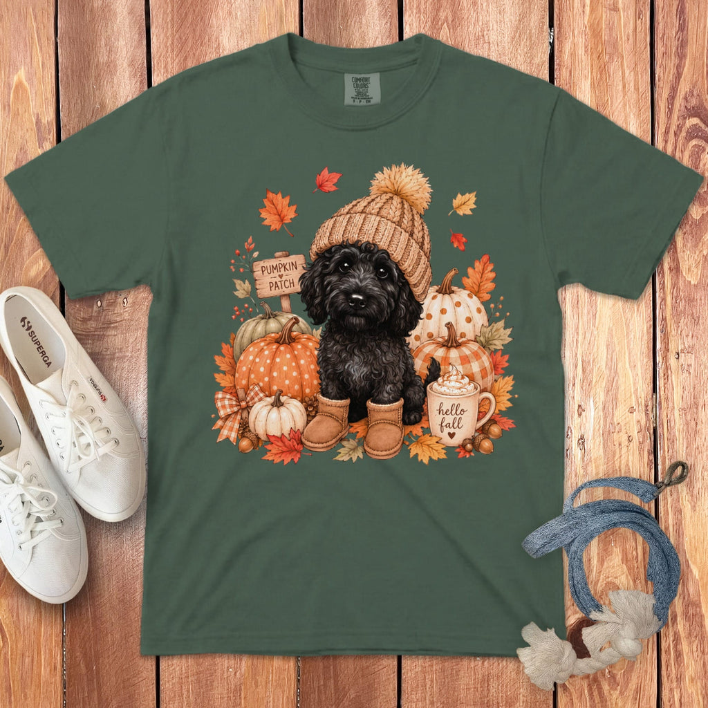 Black Goldendoodle Pumpkin Patch Signature T-Shirt in Blue Spruce / S by Puppy Jo