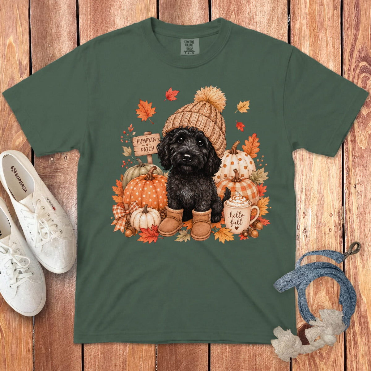 Black Goldendoodle Pumpkin Patch Signature T-Shirt in Blue Spruce / S by Puppy Jo