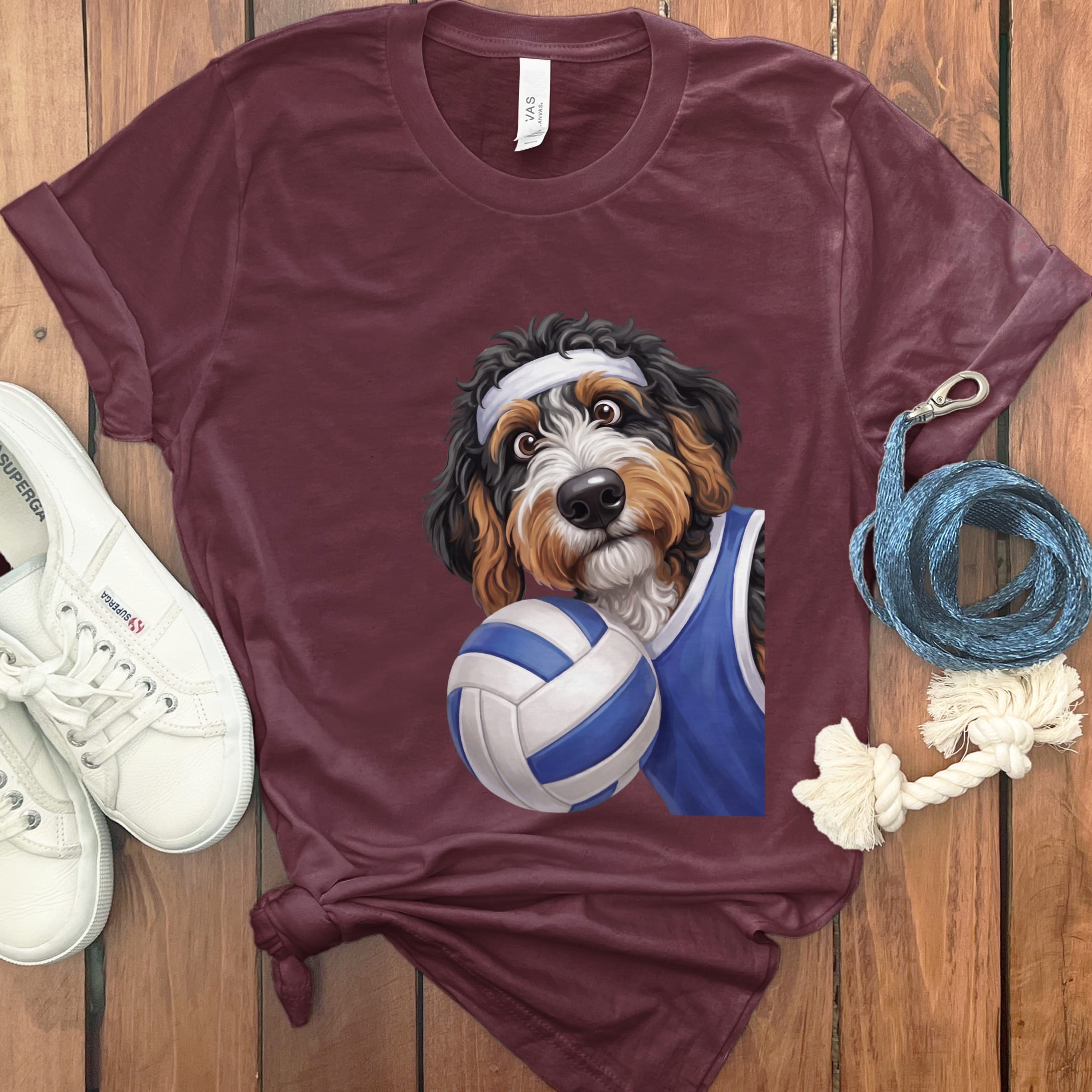 Bernedoodle Volleyball Player T-Shirt in Maroon / S by Puppy Jo