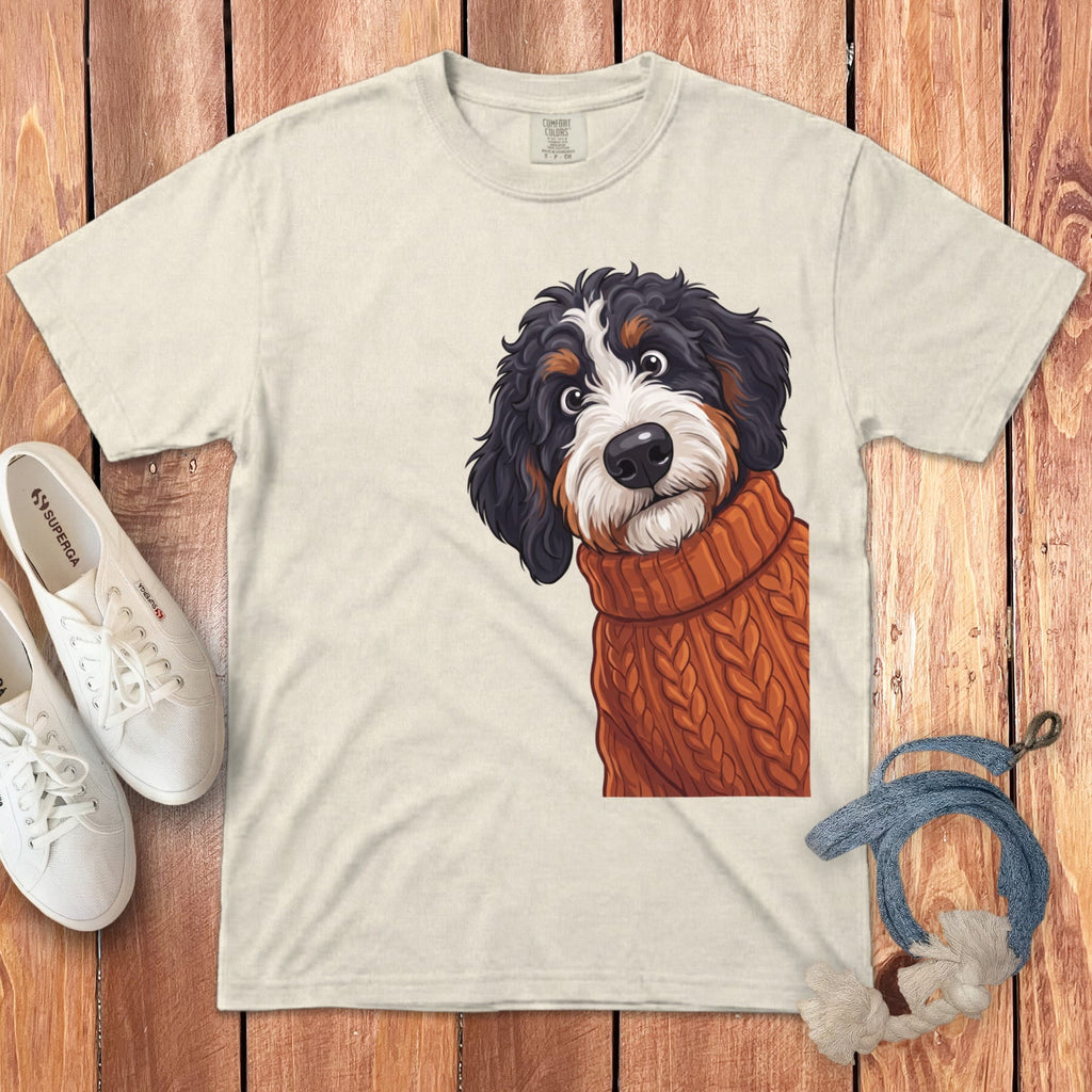 Cream t-shirt with a Bernese Mountain Dog wearing an orange cable-knit sweater.