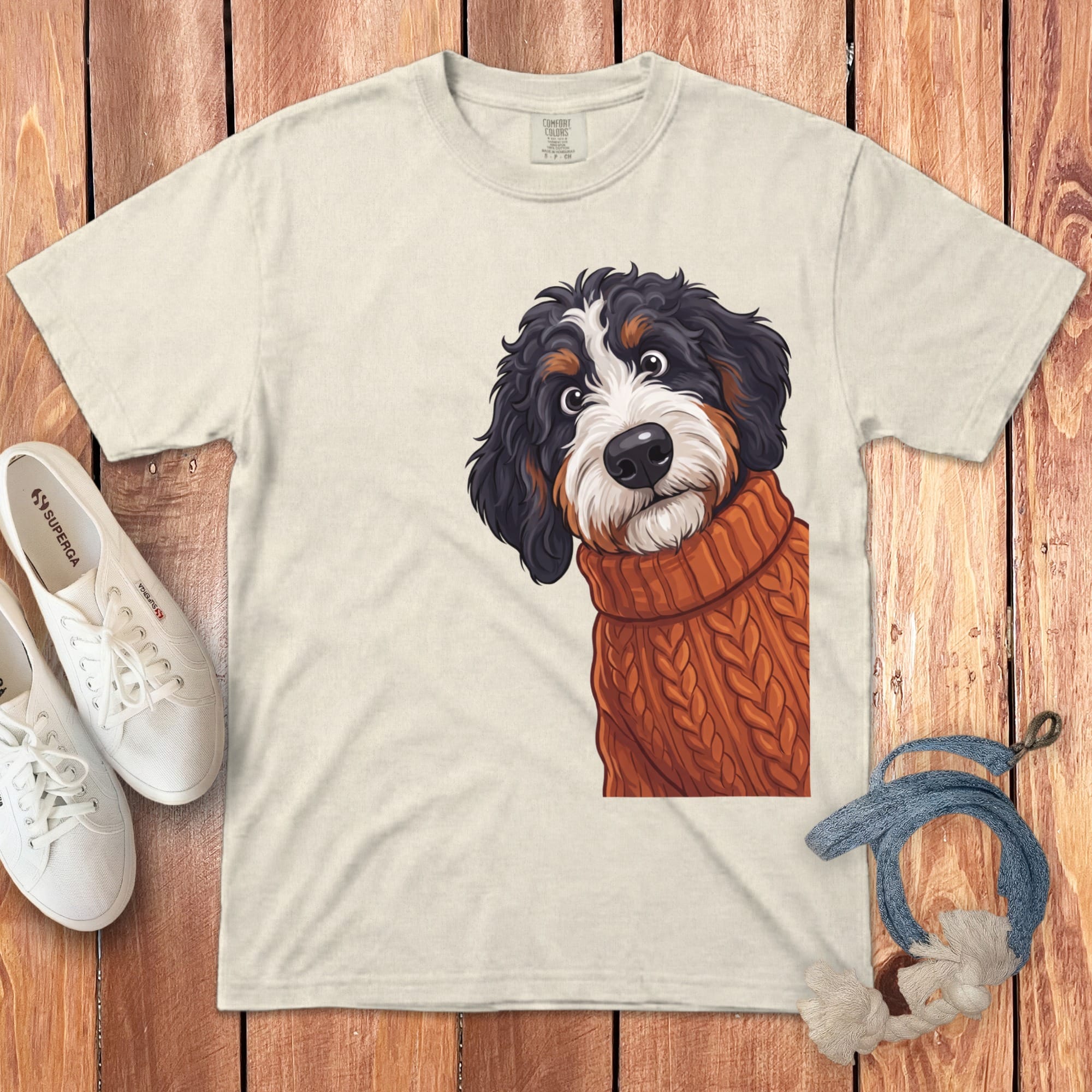 Cream t-shirt with a Bernese Mountain Dog wearing an orange cable-knit sweater.