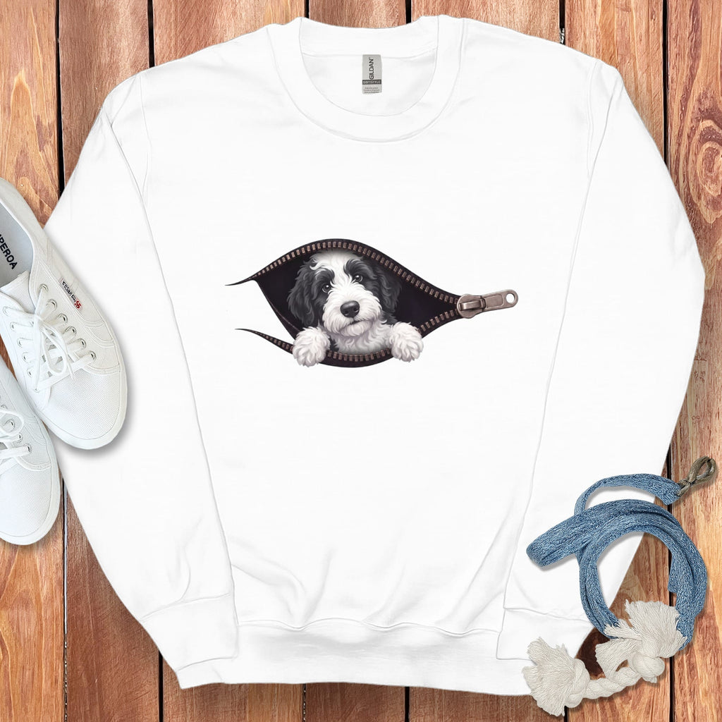 Sheepadoodle Peeking Zipper Sweatshirt in White / S by Puppy Jo