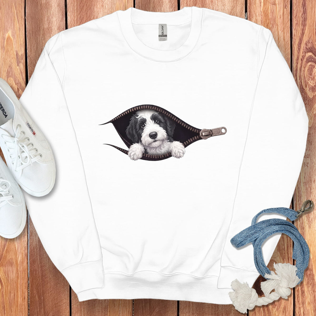 Sheepadoodle Peeking Zipper Sweatshirt in White / S by Puppy Jo