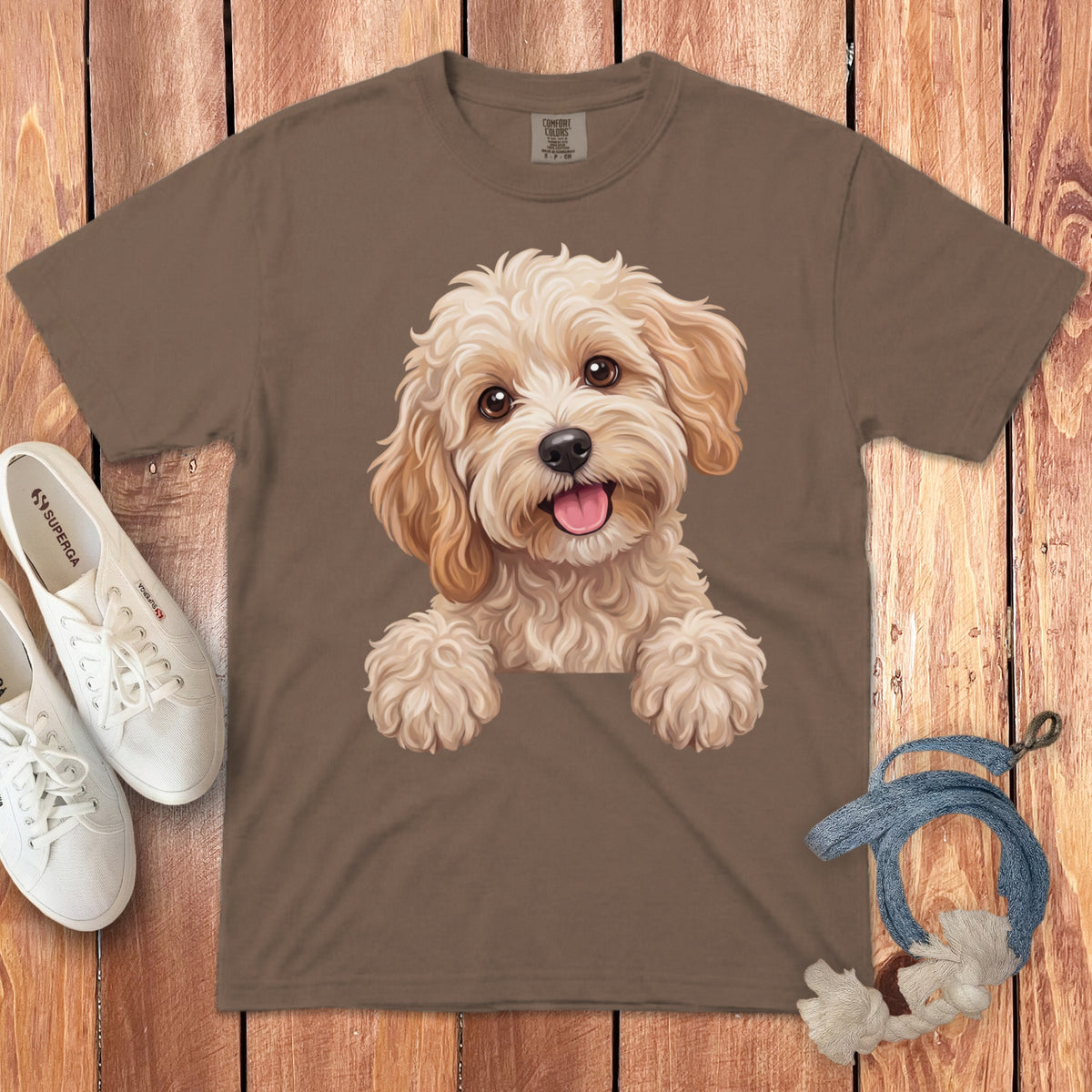 Brown t-shirt with illustration of a fluffy dog peeking over.