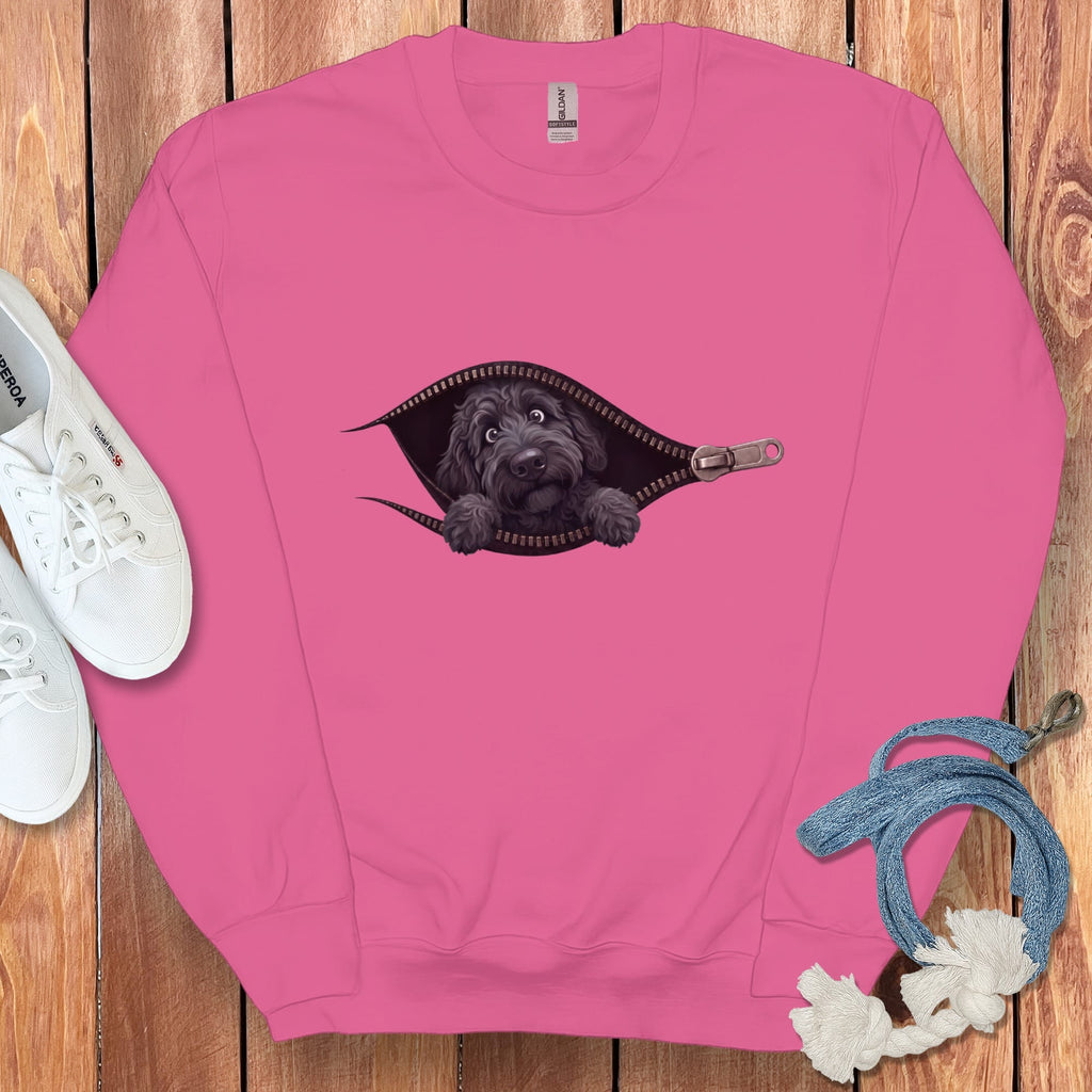Black Goldendoodle Peeking Zipper Sweatshirt in Heliconia / S by Puppy Jo